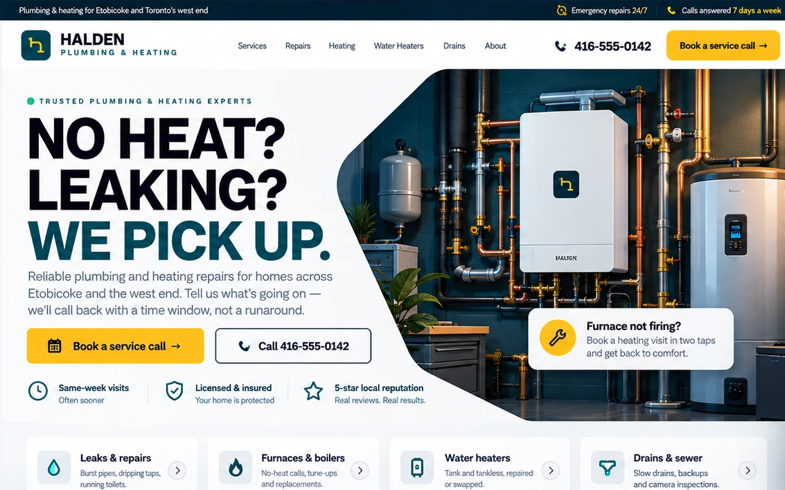 Halden Plumbing & Heating concept redesign on desktop, headline reading No heat? Leaking? We pick up.