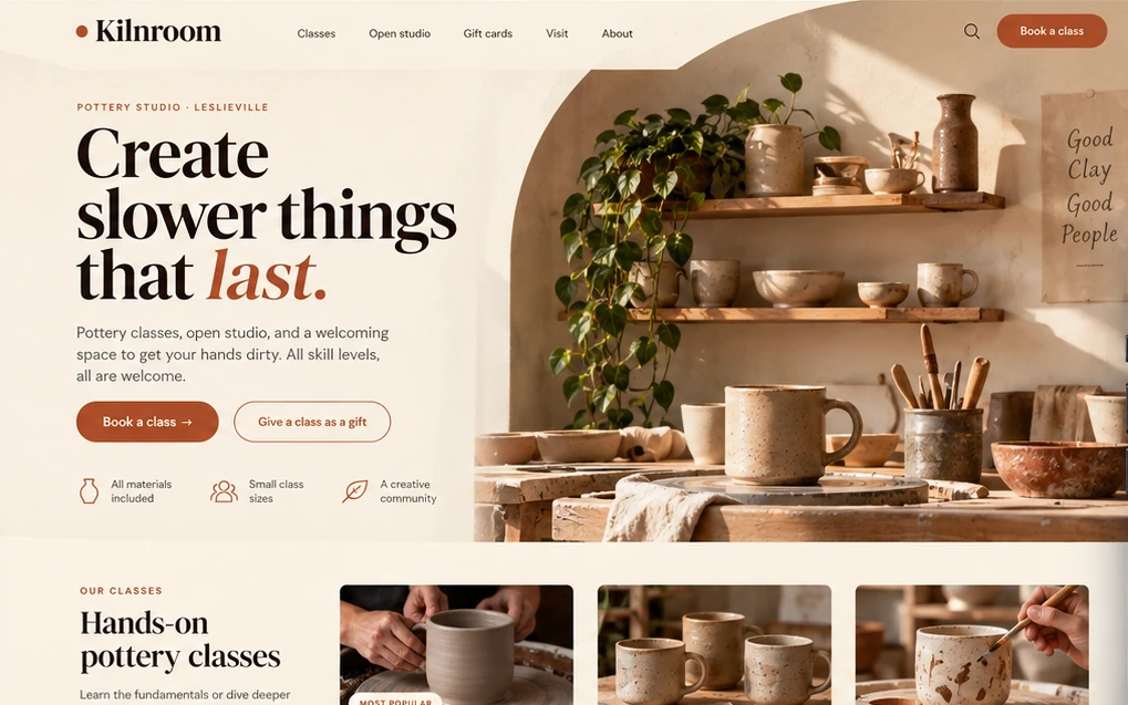 Kilnroom concept homepage on desktop: warm studio photography with the class list directly under the headline