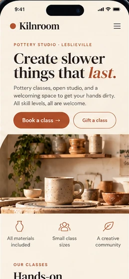 Kilnroom concept homepage on a phone