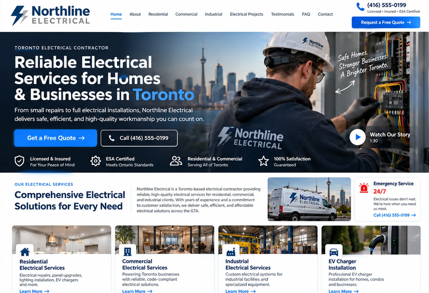 Northline Electrical concept: the redesigned homepage, with one headline, two clear actions and four service paths