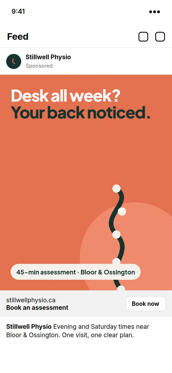 Stillwell Physio concept social feed ad: Desk all week? Your back noticed.