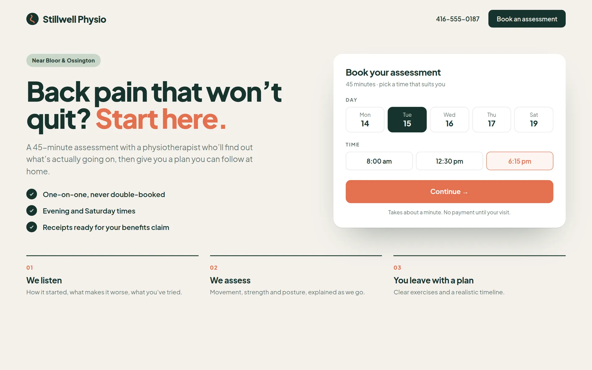 Stillwell Physio concept landing page with a booking widget beside the headline